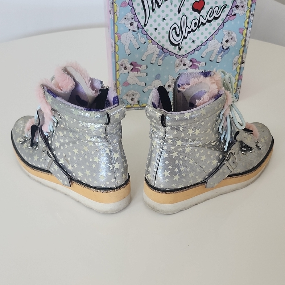 Irregular Choice Silver Star Fringe Boots with Pink Faux Fur Trim - Picture 6 of 16